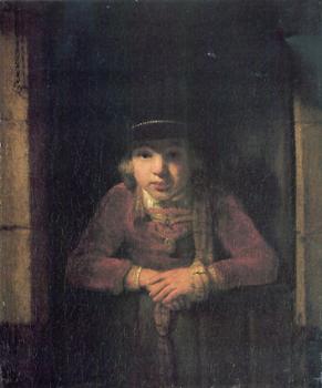 Samuel Van Hoogstraten : A Young Man Wearing a Hat decorated with a Gold Medallion in a Half-Door